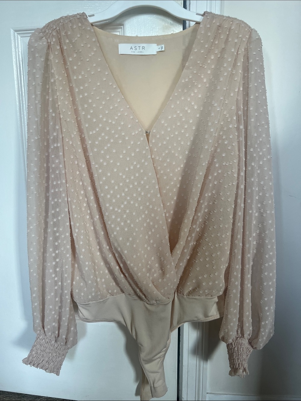 Astr Blush Swiss Dot Surplice Bodysuit